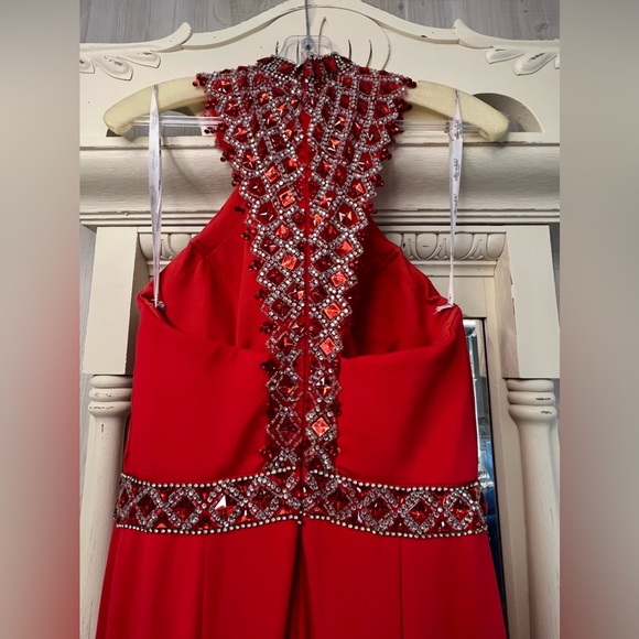 Red Halter Sequin Beaded Dress - Picture 6 of 9